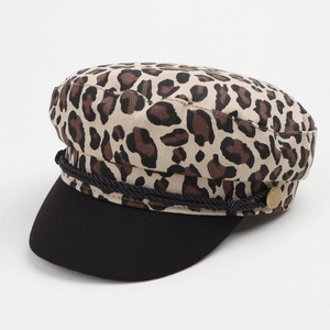 Fashionable leopard print military flat top cap with black brim and decorative rope