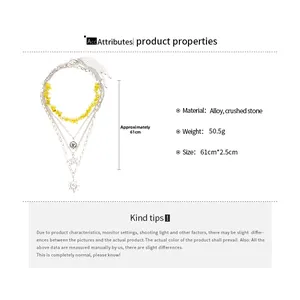 Detail view of 4-layer sun star necklace set with alloy and gravel specs and measurements