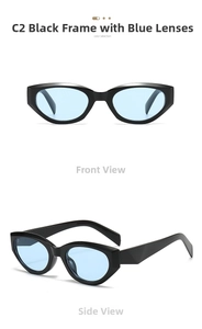 Detailed front and side views of black cat-eye sunglasses with light blue lenses