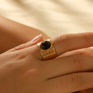 Vintage French Wide Band Open Ring 18K Gold Plated Stainless Steel With Natural Tiger Eye Gemstone For Women Adjustable