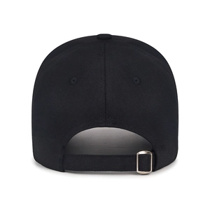 Classic black cotton baseball cap showing back view with adjustable metal buckle strap