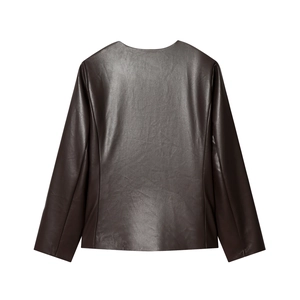 Deep brown long sleeve PU leather jacket for women showing clean back view and seams