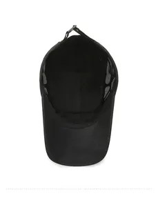 Detail view of the breathable mesh lining and adjustable strap on the black baseball cap