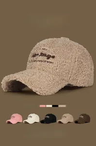 Detail of five colors of winter lamb wool baseball caps with Vintage embroidery