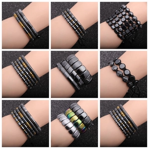 Mens magnetic hematite bracelets in various geometric shapes and colored metallic finishes