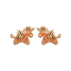 Exquisite 18k gold plated unicorn stud earrings with amber crystals and cubic zirconia