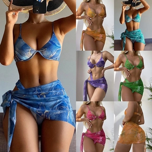 Marble Print Bikini Top And Bottom With Mesh Sarong Ribbed Fabric Sexy Beachwear Swimsuit For Women