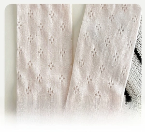 Detail of pink pointelle knit socks showing 3D reinforced heel and breathable mesh texture