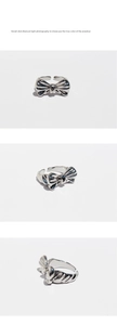 Three-angle detail shots of a polished silver bow-shaped open ring for women