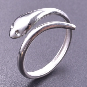 Macro shot of polished silver snake ring with detailed head and wrap-around band