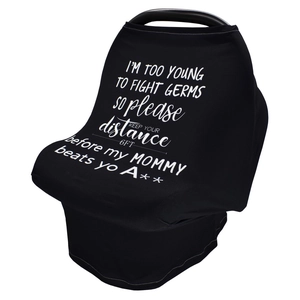 Detail of black stroller cover with I'm too young to fight germs printed text design