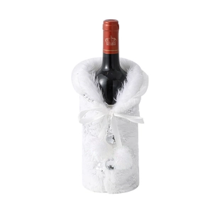 White plush wine bottle cover with silver snowflake sequins and elegant satin ribbon bow