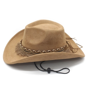 Detail of suede cowboy hat featuring fringe trim, metal chains and adjustable wind string