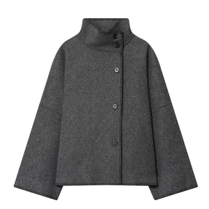 Women's minimalist grey high-neck short wool jacket with side-button closure and wide sleeves