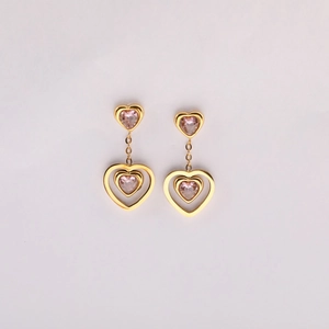 Elegant gold-plated stainless steel heart drop earrings with pink cubic zirconia stones