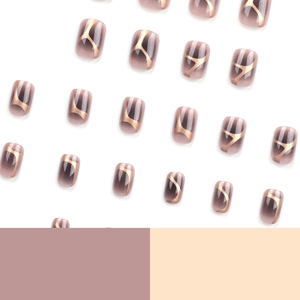Short square gradient brown-purple press-on nails with fine glitter and gold lines
