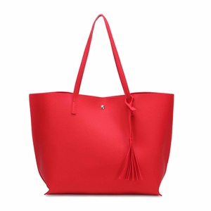 Red lychee pattern leather tote bag with elegant tassel charm and large capacity design
