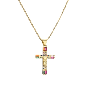 Hip hop gold cross necklace with colorful zircon stones on a gold box chain