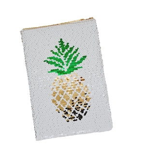 Creative flip sequin notebook featuring a green pineapple design on white background