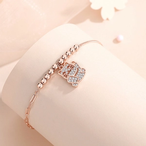 Elegant rose gold S925 silver lucky cat bracelet with sparkling white cubic zirconia stones