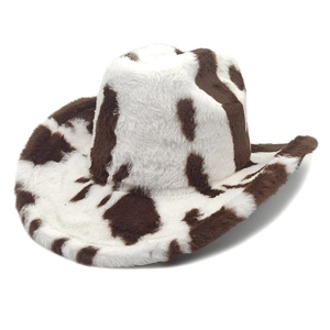 Winter plush cow print western cowboy hat with soft fleece texture and wide brim