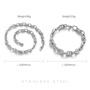 Detailed specs of stainless steel oval link chain necklace and bracelet set in silver