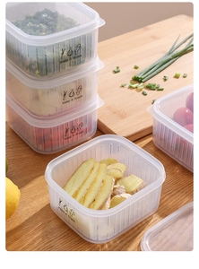 Detail of transparent kitchen storage containers with drainage and Keep it fresh icons