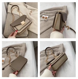 Detailed four-view display of a two-tone square crossbody bag with gold chain strap