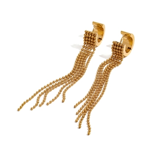 Elegant gold beaded tassel earrings in durable stainless steel with a long drop design