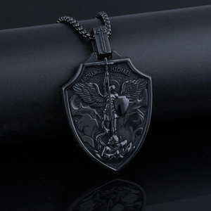 Punk vintage Archangel Michael shield pendant necklace in black stainless steel