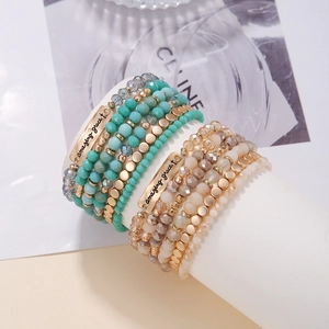Bracelet Perles Bohème Multi Couches Acrylique Cristal Alliage Plaque Métal Croix Bijoux Ethnique Vintage Femmes