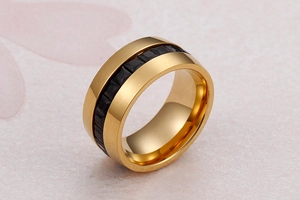 Detailed view of gold brushed wide band ring with a central black zircon inlay