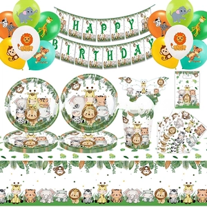 Jungle safari animal party supplies with cartoon lion elephant plates and napkins