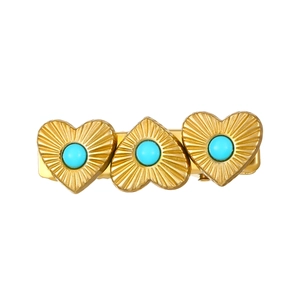 Vintage 18k gold plated stainless steel hair clip with triple turquoise hearts