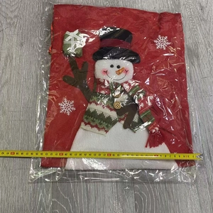 Linen Christmas gift bag with snowman design measuring 33cm in width with a yellow tape