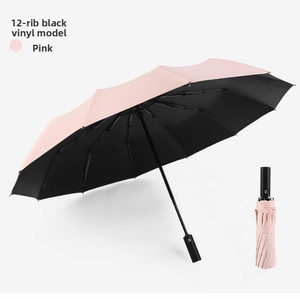 Detail of pink 12-rib automatic umbrella with black UV coating and matte black handle