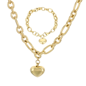 Golden titanium steel jewelry set featuring oval links and 3D heart pendants for women