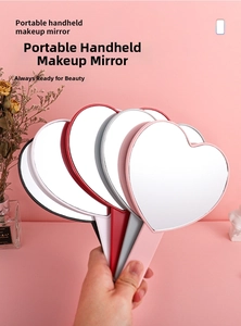 Detail of five assorted heart-shaped handheld makeup mirrors in various trendy colors