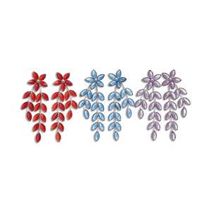 Vintage glass flower and leaf tassel earrings set in red, blue, and purple colors