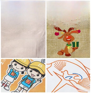 Detail showing various printing methods including embroidery and screen print on fabric