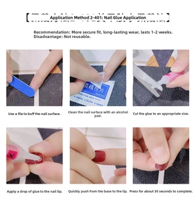 Step-by-step application guide for Hello Kitty press-on nails with glue and buffer tools