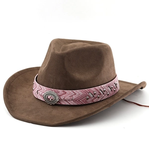 Detail of a dark brown suede cowboy hat with pink woven band and silver floral buckle