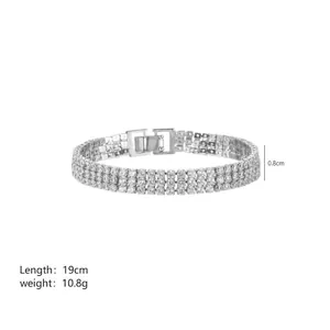 Three-row minimalist tennis bracelet with clear sparkling crystals in silver plating