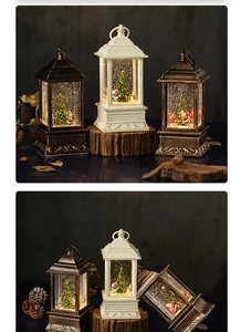 Close-up of vintage LED Christmas lanterns with swirling glitter and festive figurines