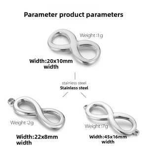 Polished stainless steel infinity charms in various sizes and specifications