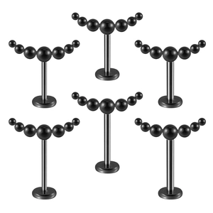 Set of 6 black stainless steel labret studs with a 5-bead curved cluster detail