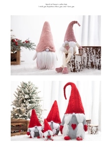 Detail showing plush Christmas gnomes with knit hats and long beards for holiday decor