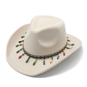 Detail of cream wool cowboy hat featuring bohemian colorful beads and woven band decor