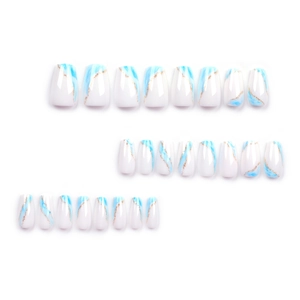 White coffin false nails with blue marble texture and gold glitter lines, 24 piece set