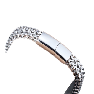 Men's hip hop silver stainless steel braided bracelet with magnetic clasp on white background